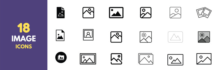 Leinwandbilder - A collection of 18 minimalist photo and image icons in black outline style. Perfect for user interfaces, websites, and app design. Features various representations of picture placeholders and gallery.