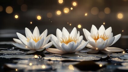 Wall Mural - three white water lilies on a pond at night with bokeh lights.