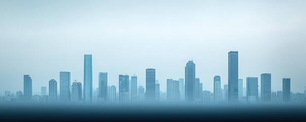 Wall Mural - Dust pollution concept. A city skyline appears tranquil in soft blue hues, capturing urban beauty and serenity.