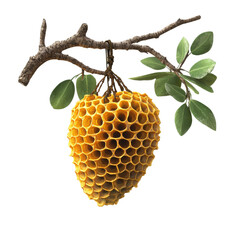 Poster - A golden honeycomb hangs from a tree branch adorned with vibrant green leaves against a white background.