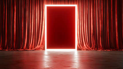 Poster - Mysterious red door unveiled empty stage digital art theatrical environment abstract viewpoint intriguing concept