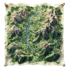 Poster - A stylized aged map shows a mountainous region with a river flowing through a verdant valley.