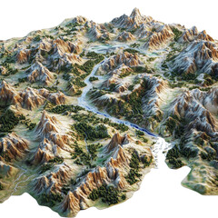Poster - A three dimensional model showcases a detailed mountainous region with a winding river flowing through valleys and forests.