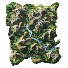 Poster - A three dimensional model depicting a mountainous region with winding rivers flowing through verdant valleys and forested areas.