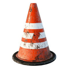 Aufkleber - A single, old, and weathered orange traffic cone with white stripes is shown against a white background.