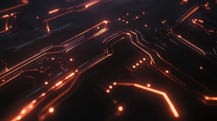 Poster - Abstract Circuit Board: Glowing Orange Pathways of Technology