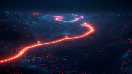Poster - Night road, glowing path, mountains, city lights, futuristic travel