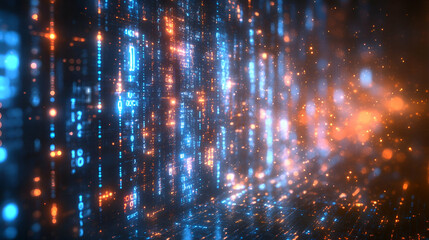 Poster - Data stream flowing, futuristic city backdrop