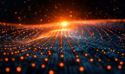 Poster - Orange sunrise, digital wave, dark space, particles, tech background