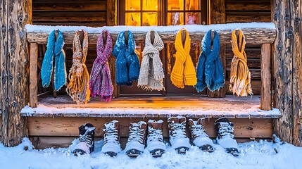 A rustic cabin porch with scarves and mittens hanging on wooden hooks, snow-covered boots below, warm glowing light from inside the cabin spilling out, inviting and tranquil vibes