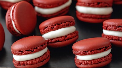 Wall Mural - Closeup of red velvet macarons on a dark background