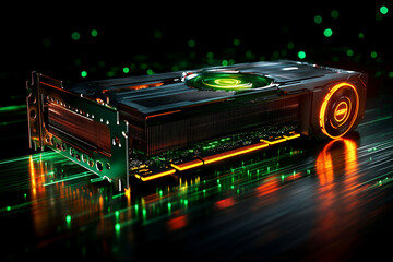 Poster - Gaming GPU, circuit board, dark background, tech ad