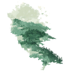 Poster - An abstract watercolor painting depicts a lush green forest nestled within a mountainous region, rendered in various shades of green and white.