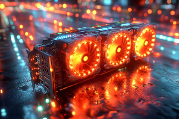 Poster - Triple-fan GPU, city night, tech, reflection