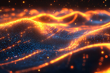 Poster - Glowing digital landscape, particles, dark background, futuristic design