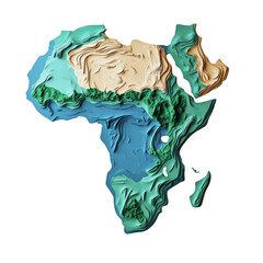Poster - A three-dimensional paper art piece showing the layered topography of the African continent in shades of green, blue, and beige.