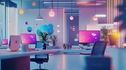 Poster - Modern Office with Neon Lights and Colorful Decor