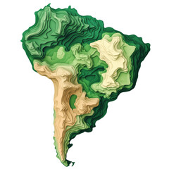 Poster - A stylized three dimensional topographic map of South America using layered paper cut-out style showing elevation changes.