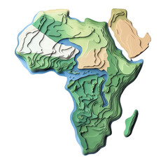 Poster - A stylized papercraft model of Africa shows its diverse topography using layered colors and shapes.