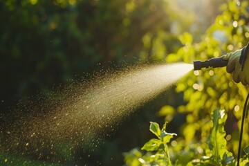 A close-up of a gardener spraying water with a high-pressure hose over a vibrant green lawn