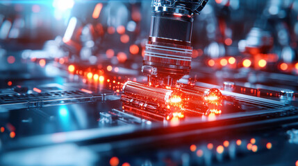 Leinwandbilder - beautifully lit scene of advanced robotic assembly working on circuit board, showcasing intricate details and vibrant colors. technology reflects innovation and precision