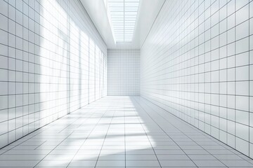 sunlit white tiled corridor interior.