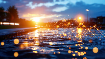 Poster - serene sunset view over water surface, with glowing reflections and light bokeh creating magical atmosphere. scene captures tranquility and beauty