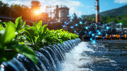 Poster - captivating view of hydroelectric plant with flowing water and greenery, showcasing blend of nature and technology in energy production