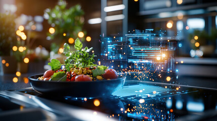 Poster - high tech kitchen featuring futuristic cooking interface with digital display. bowl of fresh salad sits on smart cooking surface, surrounded by vibrant lights and greenery