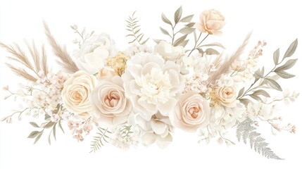 Canvas Print - Elegant cream and beige floral arrangement with roses, peonies, pampas grass, and greenery.