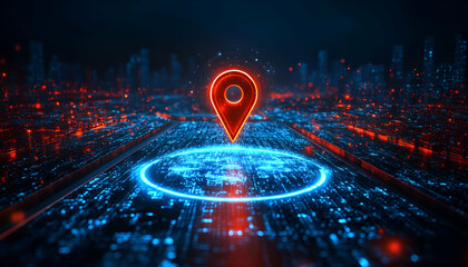 Poster - Glowing GPS pinpoints city location, digital map background