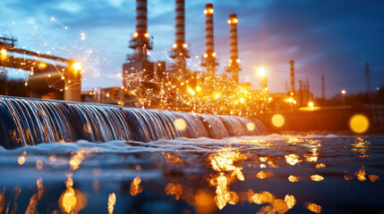 Poster - dramatic nighttime view of hydroelectric plant with glowing lights reflecting on water surface, showcasing beauty of industrial energy production