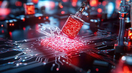 Leinwandbilder - dynamic 3D illustration of microscopic nanobots interacting with circuit board, showcasing vibrant red lights and intricate details. This evokes sense of advanced technology and innovation