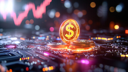 Fototapete - dynamic composition showcasing global financial growth with glowing cryptocurrency coins on digital circuit board, symbolizing investment and technology