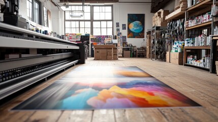 Poster - Interior of a printshop with a large format inkjet printer on a wooden floor, mid-process of printing a colorful piece of art.