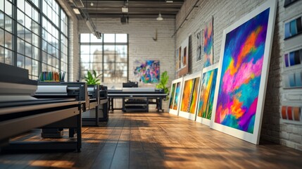 Poster - Interior of a printshop with a large format inkjet printer on wood flooring, producing a vivid, colorful artwork