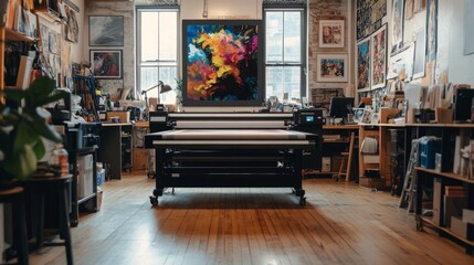 Poster - Large format inkjet printer in a cozy printshop with wood floors, printing a vibrant, detailed artwork.