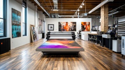 Poster - Large format inkjet printer in a modern printshop with wood flooring, producing a detailed and colorful piece of art
