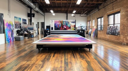 Poster - Large format inkjet printer in a printshop with wood flooring, printing a bright and colorful artwork with precision