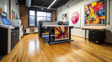 Poster - Large format inkjet printer in a printshop with wood flooring, printing a bright and colorful artwork with precision