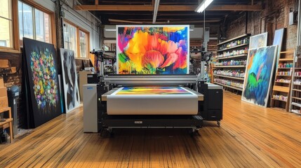 Poster - Large format inkjet printer in a printshop with wood flooring, printing vibrant artwork. The machine hums in a modern workspace.