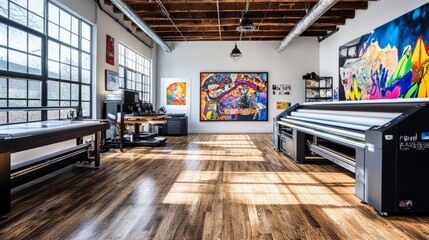 Poster - Large format inkjet printer in a printshop with wood flooring, printing vibrant artwork. The machine hums in a modern workspace.