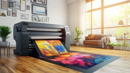 Poster - Large format inkjet printer in a printshop, wood floor visible beneath, printing a stunning piece of art.