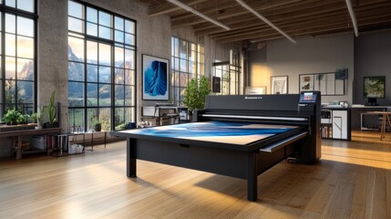 Poster - Large format inkjet printer in a printshop, wood floor visible beneath, printing a stunning piece of art.