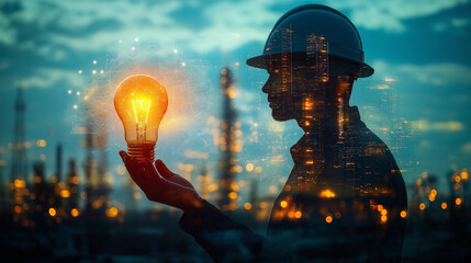 Poster - engineer builder in helmet with light bulb in futuristic fusion with energy lines . Generative AI
