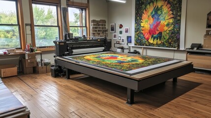 Poster - Large format inkjet printer in a printshop, wood floor beneath, printing an intricate and vibrant piece of art.