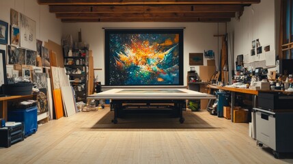 Poster - Large format inkjet printer in a printshop, wood floor beneath, printing an intricate and vibrant piece of art.