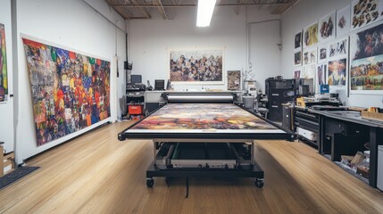 Poster - Large format inkjet printer in a printshop, wood floor beneath, printing an intricate and vibrant piece of art.