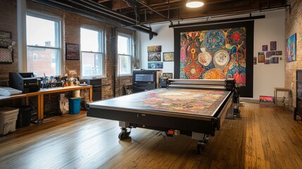 Poster - Large format inkjet printer in a printshop, wood floor beneath, printing an intricate and vibrant piece of art.