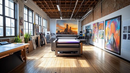 Poster - Large format inkjet printer in a spacious printshop with wood floors, printing a vivid, high-resolution artwork.